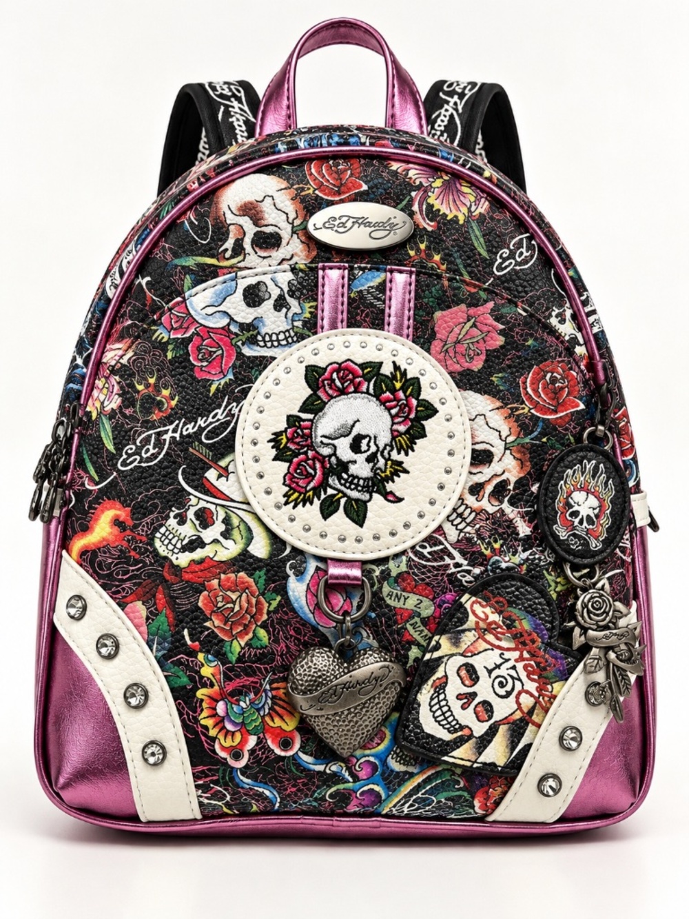 Ed Hardy Skull Rose Rhinestone Mini Backpack Metallic Pink Charms Bag NWT